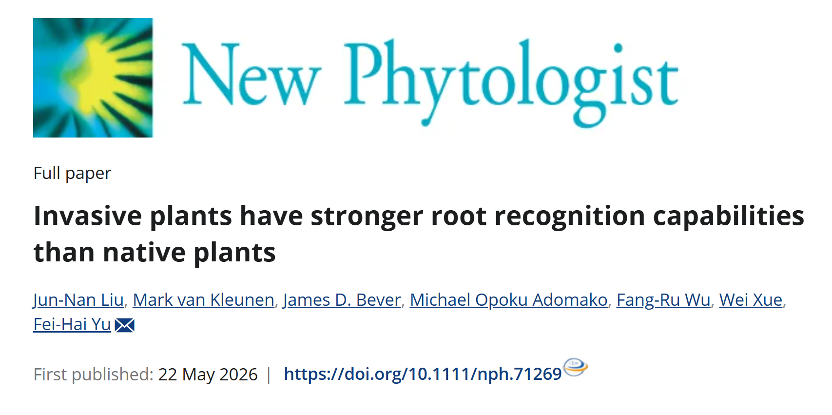 生命与环境科学学院于飞海教授团队在国际顶级期刊《New Phytologist》发表最新研究成果